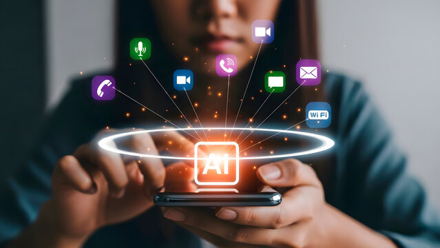 Woman holding smartphone with artificial intelligence (AI) icon and various communication app icons. AI integration into mobile technology for smart communication and connectivity. - Powered by Adobe