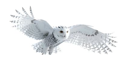Snowy white owl in flight, wings spread, eyes focused, against black background
