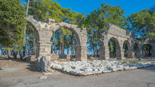 Ruins of a water pipeline in the ancient city of Phaselis, Antalya province, Turkey. Lycian ancient heritage of civilization.