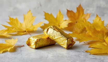 Two gold-wrapped treats surrounded by vibrant yellow autumn leaves on a stone surface
