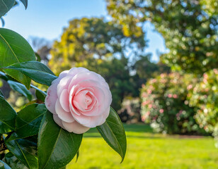 식물-꽃-동백-동백꽃-카멜리아-동백 꽃잎-동백잎-동백나무-동백나무 꽃-분홍색 -공원-정원-하늘