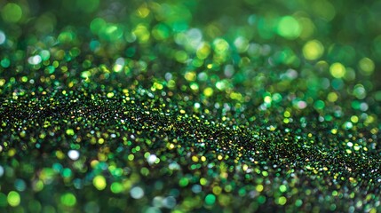 Sparkling close-up showcases a cascade of vibrant, green glitter with a soft focus