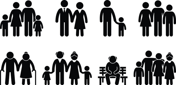 Different family structures and generations represented by simple icons