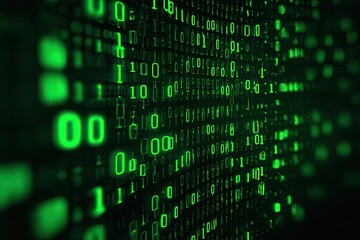 Illuminated binary code cascading down, creating a digital data flow effect