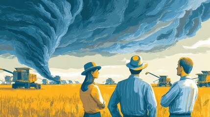 Farmers watch a massive tornado approach their wheat field with combines ready