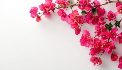 Pink bougainvillea branches elegantly cascade on a clean white surface