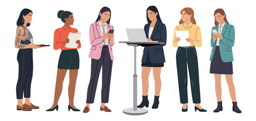Flat minimalist illustration of diverse professional women standing, wearing modern business outfits and holding documents, laptop, phone, tablet. Vector iolated on transparent background