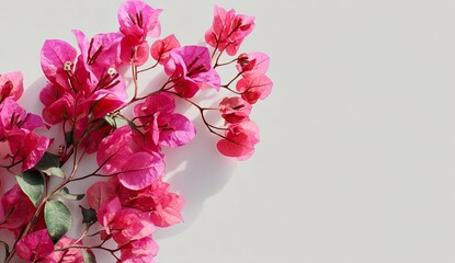 Vibrant pink bougainvillea branches against a bright white background, casting a shadow