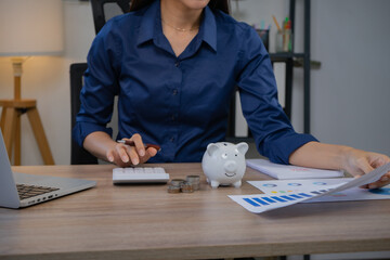 Asian business professionals analyze accounts and documents, calculate budgets, expenses, loans,...