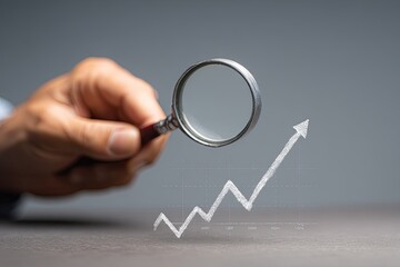 Hand holding magnifier over white arrow pointing upwards, representing growth