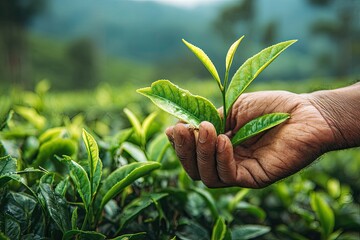 A hand holds fresh tea leaves, emerging from a green plantation, nature scene