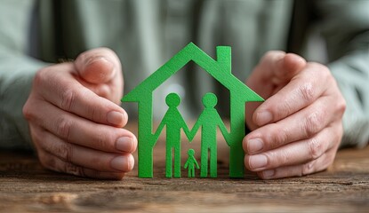 Hands cradle a green paper house cutout with a family inside, on wood