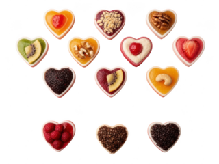 Assortment of heart-shaped desserts with various toppings isolated on transparent background