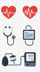 Collection of medical icons including hearts with ECG, stethoscope, and blood pressure monitor for healthcare concepts.