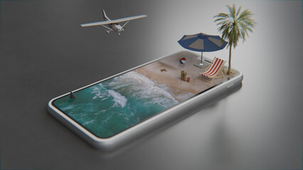 3d beach scene inside a smart phone device