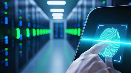 Fingerprint Scanning on Smartphone Screen in Futuristic Data Center Environment with Glowing Digital - Powered by Adobe