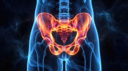 Anatomical illustration showing a human pelvis with glowing orange bones and a translucent blue body outline