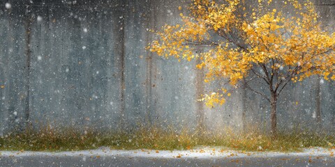 Autumn tree with yellow leaves amidst snow, next to a grey wall and road