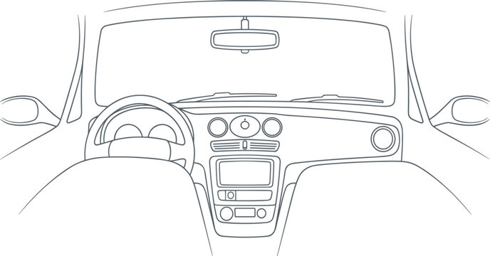 Car interior dashboard line art illustration with steering wheel, windshield, and rearview mirror from driver perspective