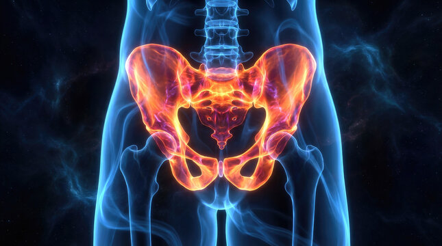 Anatomical illustration showing a human pelvis with glowing orange bones and a translucent blue body outline