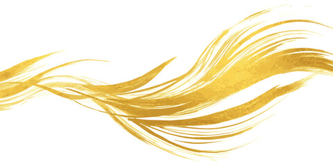 Flowing abstract wave pattern with shimmering gold brush strokes on a clean white background