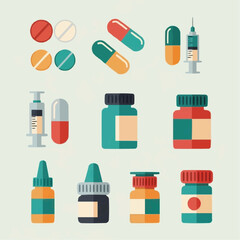 Flat lay illustration of various medical supplies including pills, capsules, syringes, and medicine bottles in a clean, minimalist design.