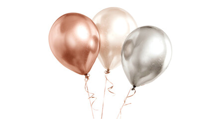 Three metallic balloons in rose gold, cream, and silver with ribbons, on black
