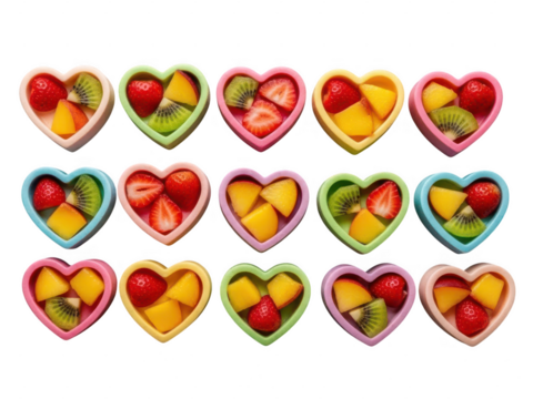 Colorful heart-shaped bowls filled with fresh fruit isolated on transparent background - Powered by Adobe