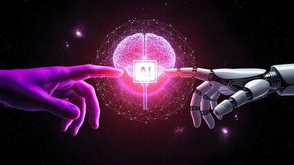 Human and Robot Hands Touching with Glowing AI Brain and Digital Network on Dark Background