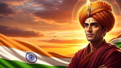 Visionary Indian Spiritual Man with Traditional Turban, Glowing Halo, and Flag at Sunset