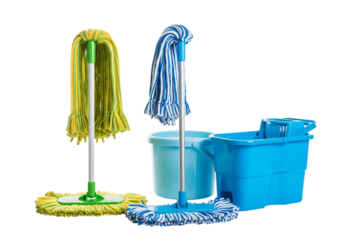 Professional Cleaning Equipment Set with Green and Blue Microfiber Mops, Buckets, and Wringer