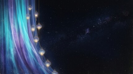 Ethereal curtains with glowing lanterns against a backdrop of a star-filled cosmic night sky