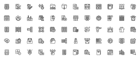 Organization icon set. Minimal vector icons pack. Includes symbols for filing cabinet, folder, calendar, planner, laptop, storage, management and more. Editable stroke.