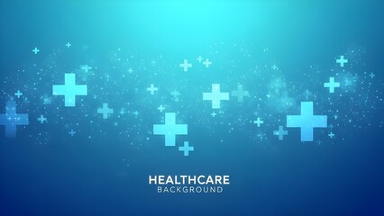 Blue Digital Healthcare Background with Medical Crosses, Light Particles, and 'HEALTHCARE BACKGROUND' Text