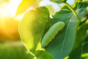 Green caterpillar crawling on a sunlit leaf