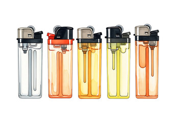 Set of five colorful pocket lighters in watercolor illustration style isolated on white background