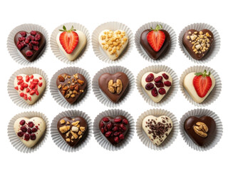 Fototapeta premium Assortment of heart-shaped chocolates with various toppings isolated on transparent background