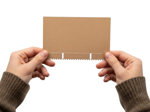Hands holding brown card isolated on transparent background