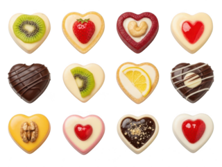 Assortment of heart-shaped chocolates with fruit and nut toppings isolated on transparent background