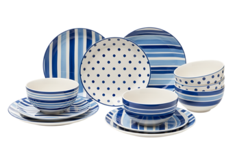 Modern blue and white porcelain dinnerware set with nautical stripes and polka dots pattern isolated on white background