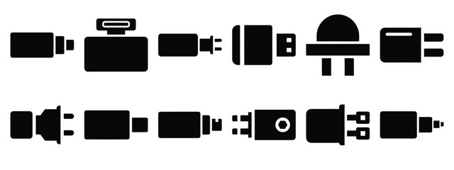 Minimalist black silhouette of a plugin module vector icon set.