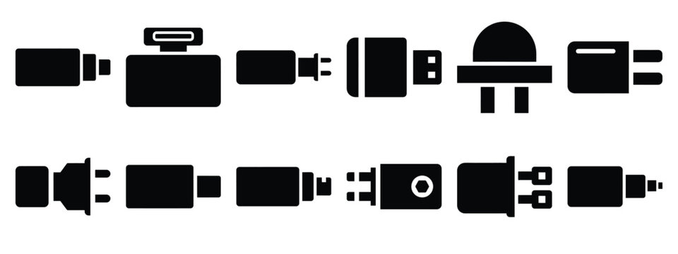 Minimalist black silhouette of a plugin module vector icon set.