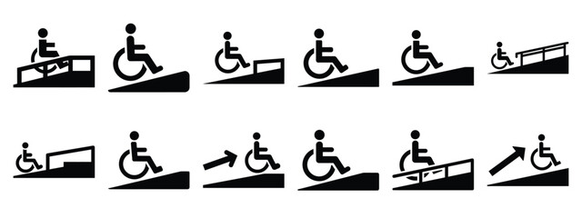 Minimalist black silhouette of a accessibility ramp vector icon set.
