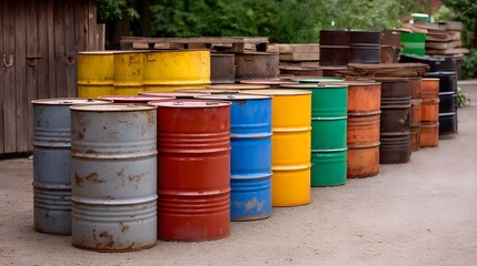 Colorful and rusty metal drums and barrels are stored outdoors in a row