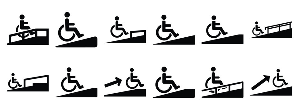 Minimalist black silhouette of a accessibility ramp vector icon set.