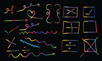 Multicolored neon light graffiti and shapes on black background
