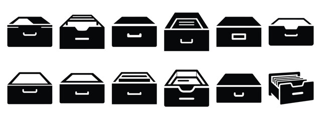 Minimalist black silhouette of a archive drawer vector icon set.