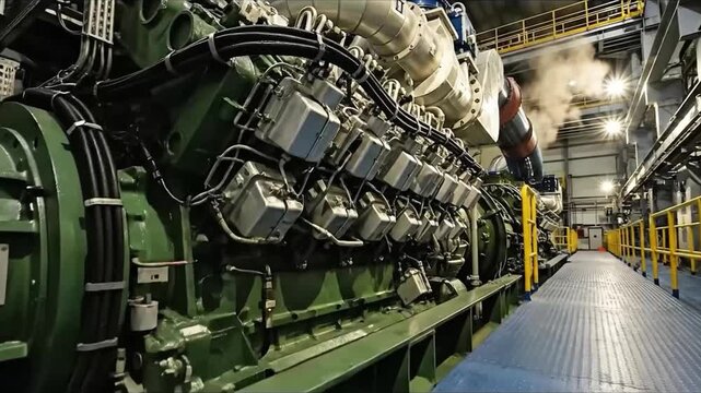 Industrial Power Plant Machinery Close Up Inside Large Generator Hall With Steam Turbines And Pipes