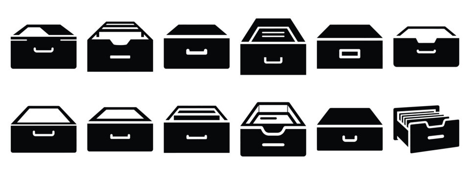 Minimalist black silhouette of a archive drawer vector icon set.