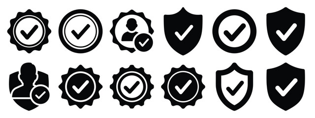 Minimalist black silhouette of a badge verified vector icon set.
